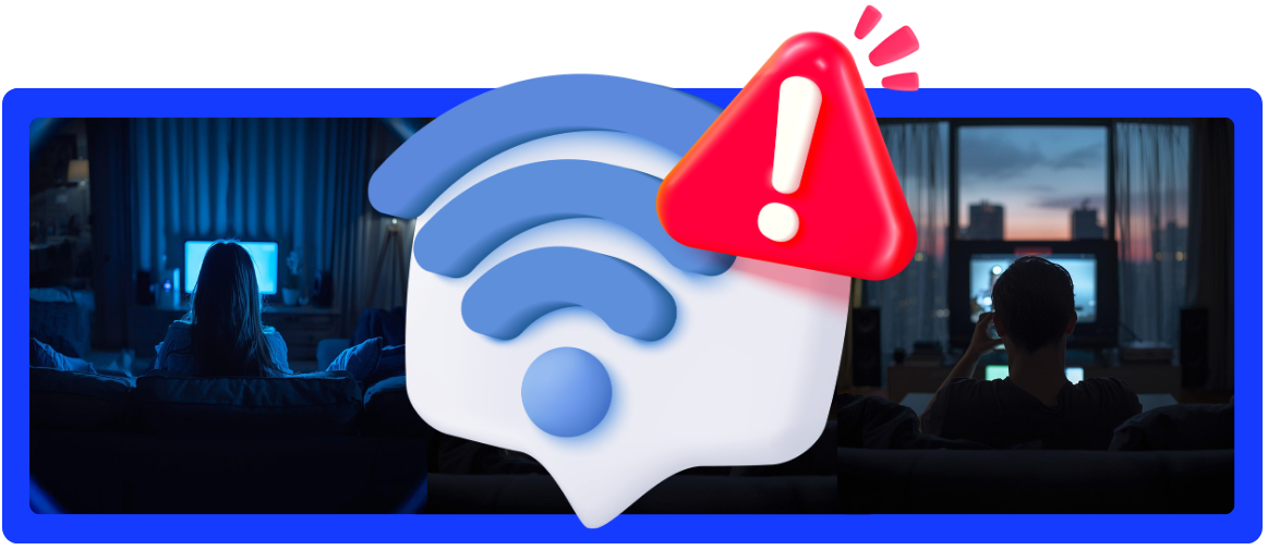 Images of people sitting in the dark on couches with devices that do not seem to be working with an alert symbol in the center to portray a fiber outage